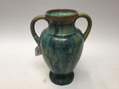 Lot 1035 - Early 20th century Pierrefonds pottery two handled vase with crystalline glaze, impressed marks to base.