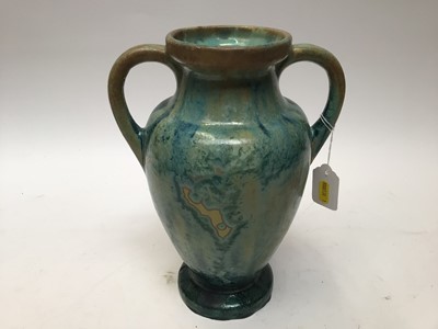 Lot 1035 - Early 20th century Pierrefonds pottery two handled vase with crystalline glaze, impressed marks to base.