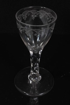 Lot 132 - Seven Georgian drinking glasses, including an air twist stem glass, three plain stem, two faceted stem  and one with an etched bowl, 12cm to 18.5cm high
