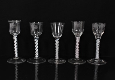 Lot 133 - Five 18th century opaque twist stem wine glasses, including one with a moulded bowl and another with a moulded and etched bowl