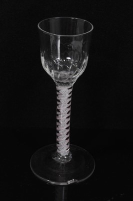 Lot 133 - Five 18th century opaque twist stem wine glasses, including one with a moulded bowl and another with a moulded and etched bowl
