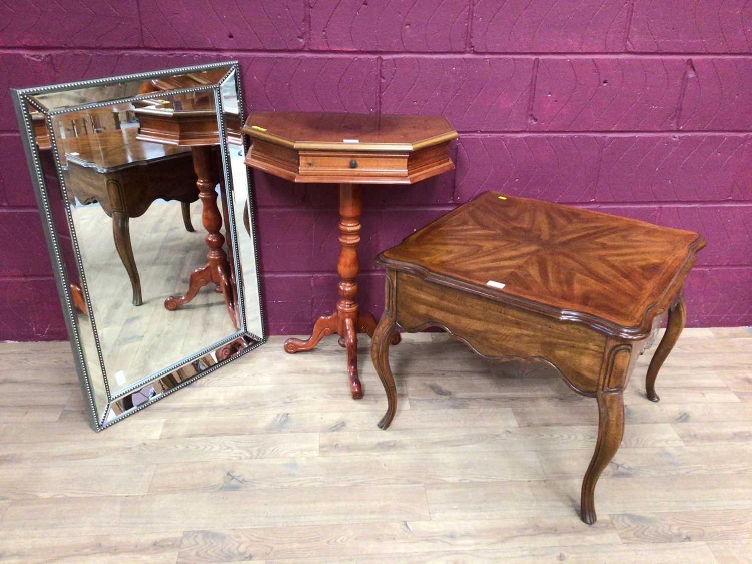 Lot 370 - Italian inlaid marquetry table, low coffee table of square form with draw and a mirror (3)