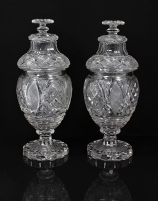 Lot 138 - Pair of cut glass Victorian sweetmeat vases and covers, 31.5cm high