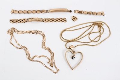 Lot 23 - 9ct gold heart pendant on 9ct gold chain, one other 9ct gold chain and 9ct gold watch bracelet parts