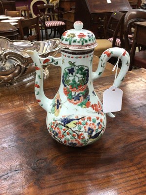 Lot 156 - Chinese famille verte porcelain ewer and cover, Kangxi period, painted with birds, flowers and insects, 21cm high