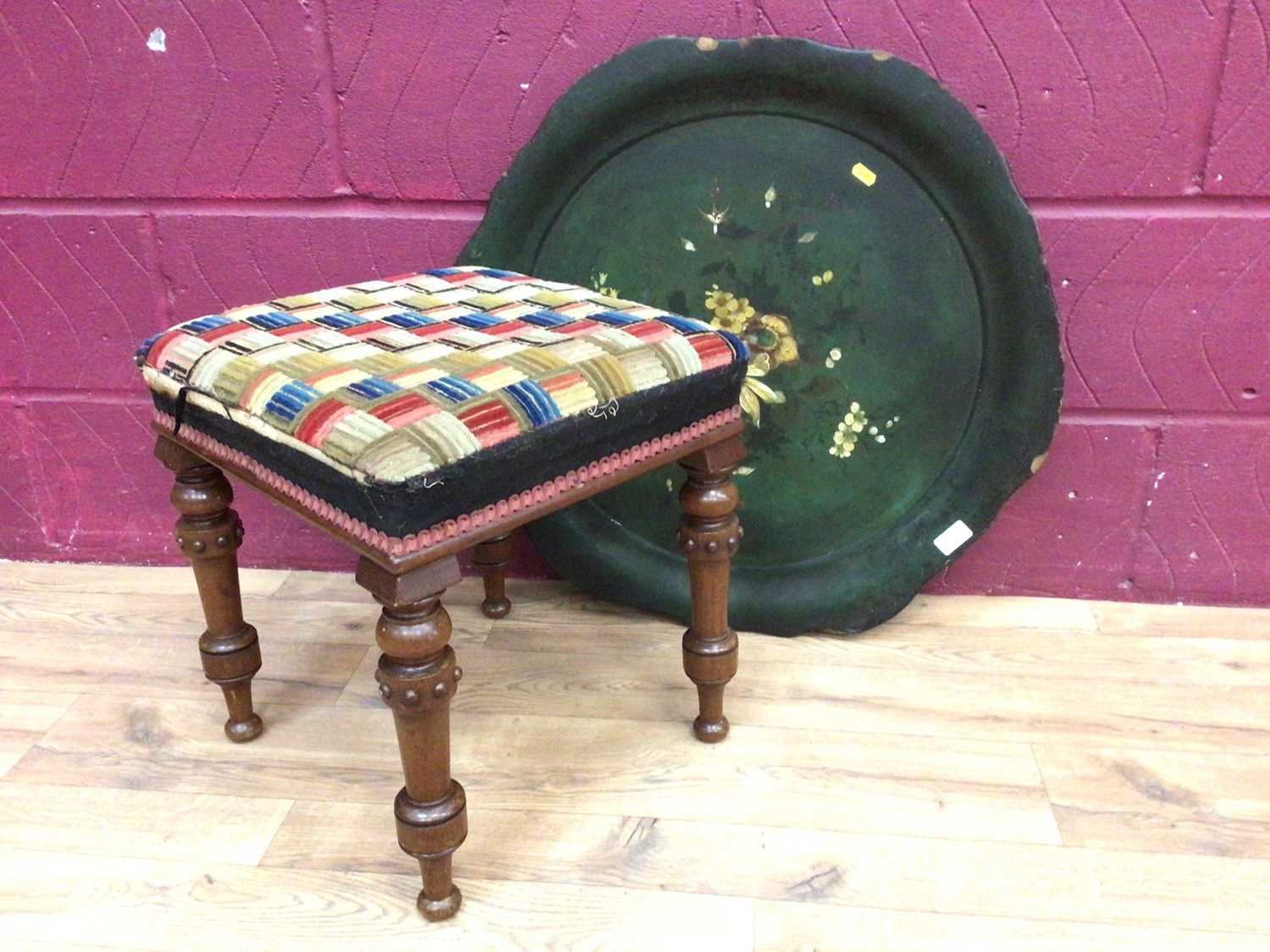 Lot 303 - Victorian stool on turned mahogany legs and a Victorian paper mache tray