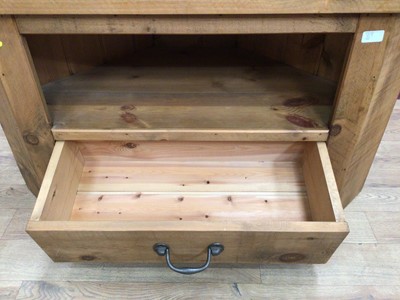 Lot 357 - Light oak cabinet, pine television stand and a pine magazine rack