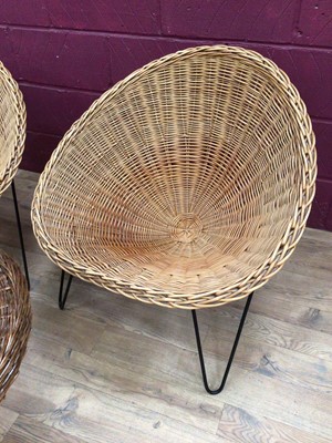 Lot 361 - Pair of rattan chairs on metal legs and a similar occasional table
