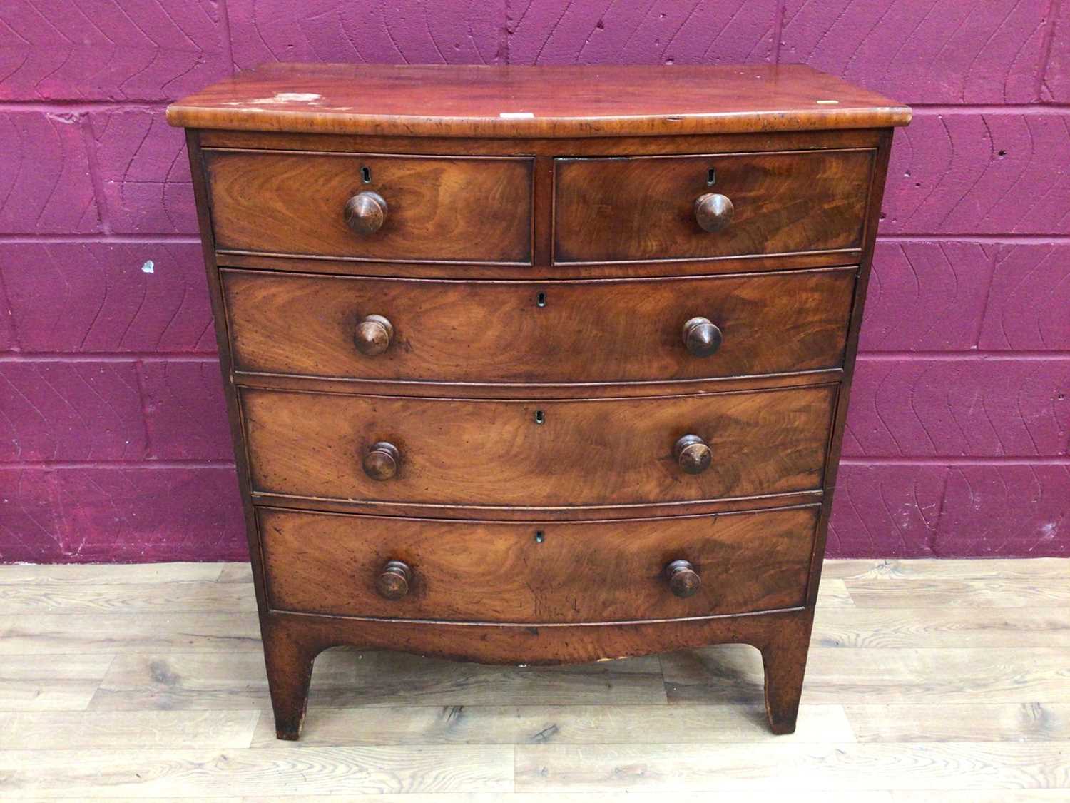 Lot 326 - 19th century mahogany bowfront chest of two short and three long graduated drawers