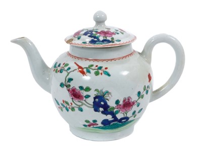 Lot 158 - Liverpool porcelain teapot, c.1770, painted in famille rose enamels with foliage, rockwork and birds, 13.5cm high