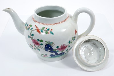 Lot 158 - Liverpool porcelain teapot, c.1770, painted in famille rose enamels with foliage, rockwork and birds, 13.5cm high