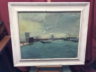 Lot 22 - English School 20th century, oil on canvas - London Dockland scene, signed JB, framed
