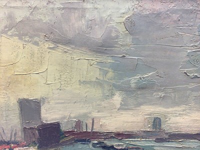Lot 22 - English School 20th century, oil on canvas - London Dockland scene, signed JB, framed
