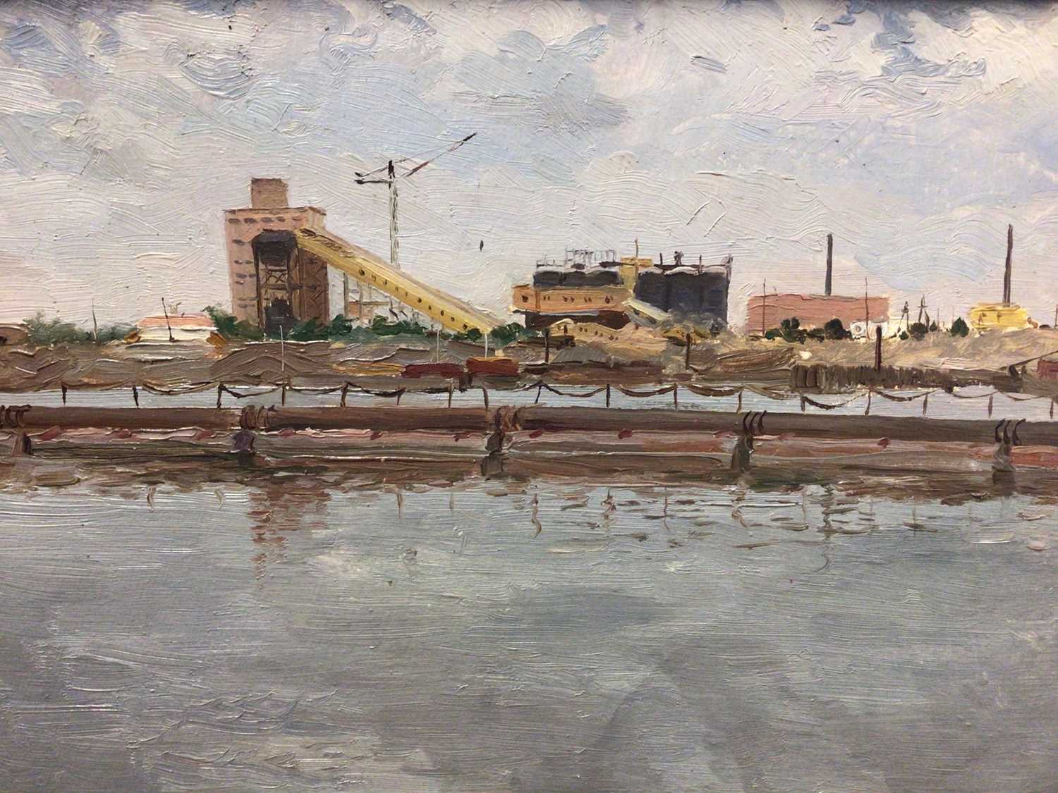 Lot 17 - Vladimir Sosnovski (1921-1990) oil on canvas laid onto board, industrial landscape
