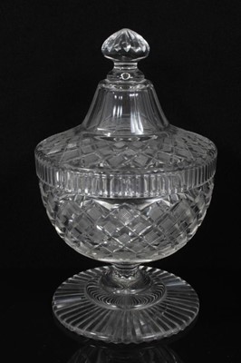 Lot 161 - Garniture of 19th century cut glass sweetmeat vases and covers, the larger example with slightly varying decoration, 19cm and 23cm high