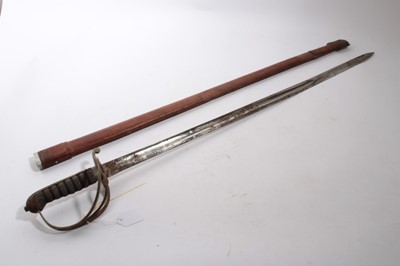 Lot 885 - Royal Artillery Officers Sword with three bar hilt, wire bound shagreen grip, etched polished fullered steel blade (scabbard lacking)