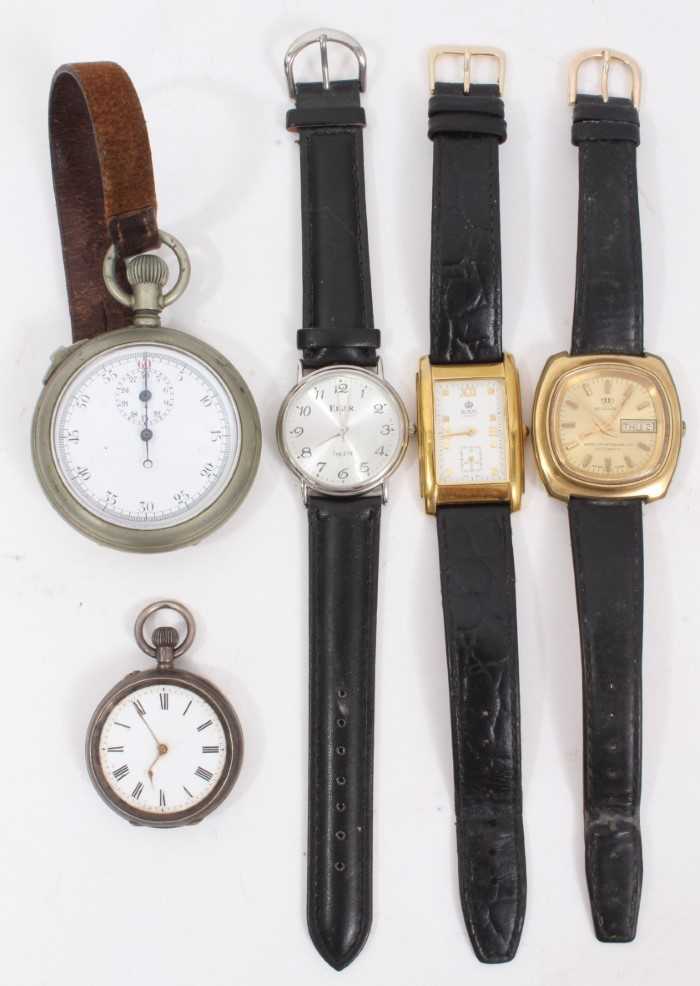 Lot 66 - Early 20th century military stopwatch, silver fob watch and three wristwatches