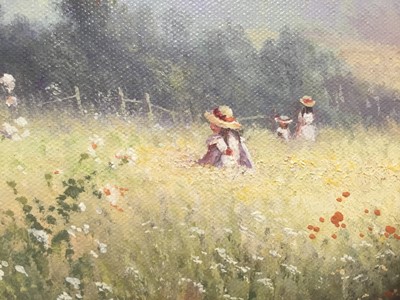 Lot 8 - Paul Morgan (b. 1940) oil on canvas figures in a meadow
