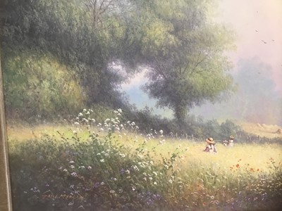 Lot 8 - Paul Morgan (b. 1940) oil on canvas figures in a meadow
