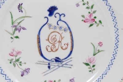 Lot 173 - Chinese export porcelain plate with initials to centre, together with a matching replacement by Samson (2)