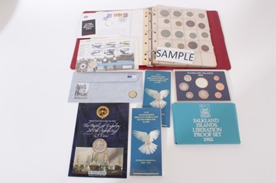 Lot 357 - World-mixed coins, books of accessories to include G.B. coin and stamp covers, Falkland Islands Liberation proof set 1982, books Spink & Son Ltd Spanish Dollars and Silver Tokens by E.M. Kelly 1976...