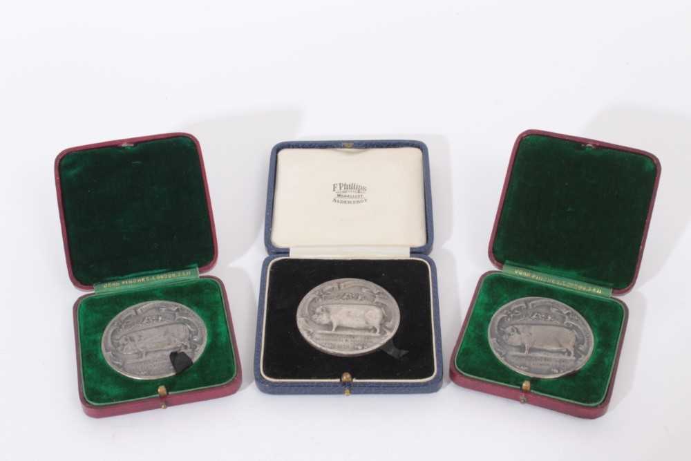 Lot 365 - G.B.-The National Pig Breeders Association White Metal Medallions x 3 - diameter 50mm, awarded to Brig. General B. Atkinson C.B.C.M.G (Former resident of Mistley Hall, Essex, now Acorn Village) dat...