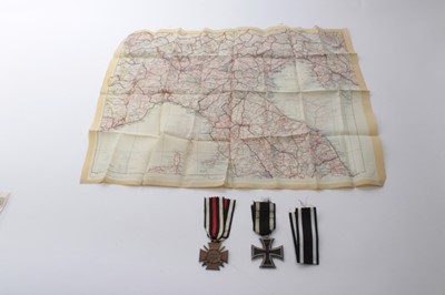 Lot 802 - First World War Imperial German Iron Cross (Second Class), one other First World War German medal and a silk map