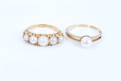 Lot 61 - Edwardian style five cultured pearl ring in carved gold claw setting and 9ct gold single cultured pearl ring