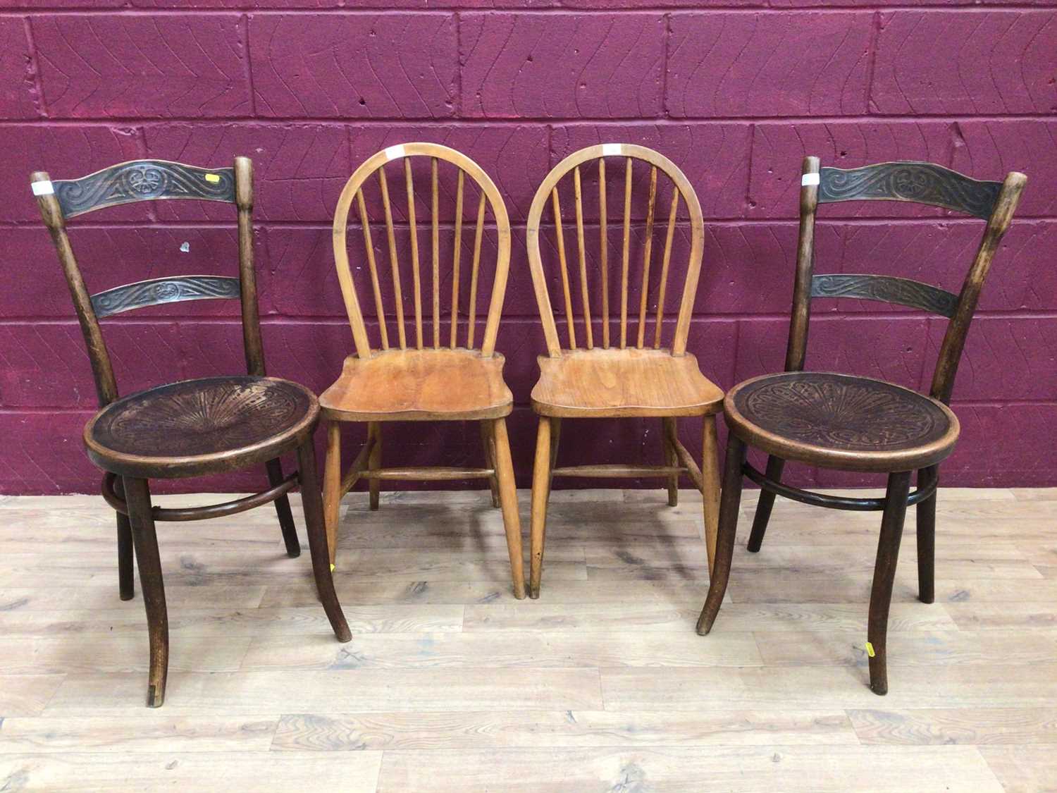 Lot 319 - Pair of 1940s Ercol 4A hoop back chairs and pair of Thonet bentwood chairs