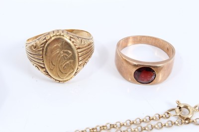 Lot 80 - Gentlemen’s 14ct gold signet ring with engraved initials AG, yellow metal garnet ring, 9ct gold stud and two 9ct gold chains