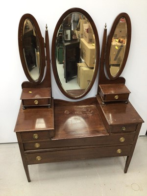Lot 2 - Edwardian mahogany sunk centre dressing table with raised triple mirror back and four drawers below, 108cm wide x 48cm deep x 153cmn high
