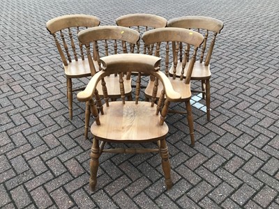 Lot 10 - Pine kitchen table on turned legs, 183cm wide x 85.5cm deep x 76cm high, set of six kitchen chairs comprising five standards and one carver plus a pine two height dresser