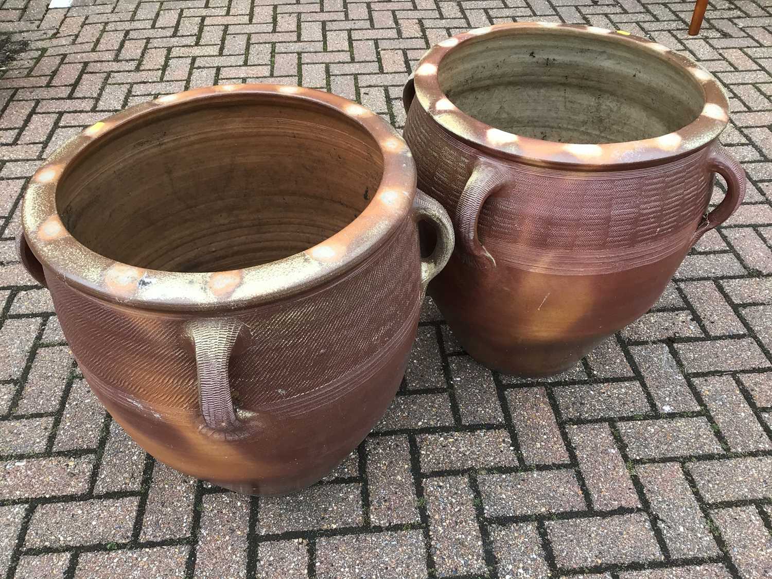 Lot 56 - Pair of large salt glazed stoneware garden pots 63cm high x 55cm diameter