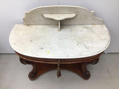Lot 23 - Victorian mahogany demi line washstand with marble top and splash back on carved cabriole front supports with shaped base, 112cm wide x 53cm deep x 94cm high