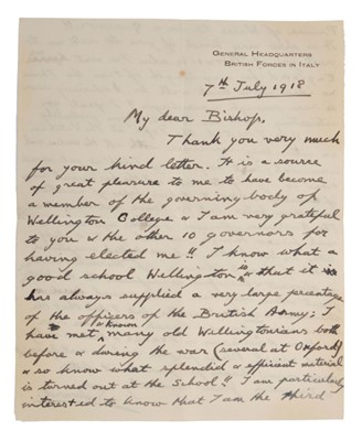 Lot 22 - H.R.H. Prince Edward The Prince of Wales ( later H.M. King Edward VIII and Duke of Windsor ) , handwritten double sided letter to Bertram Pollock The Bishop of Norwich dated 7th November 1918 and w...