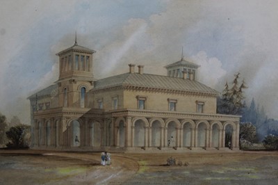 Lot 1187 - Early 19th century pencil and watercolour- view of Blackborough House, an Italianate country house with figures and parkland - 'The-Right-Honourable-The-Earl-of-Egremont', 'North Devon'