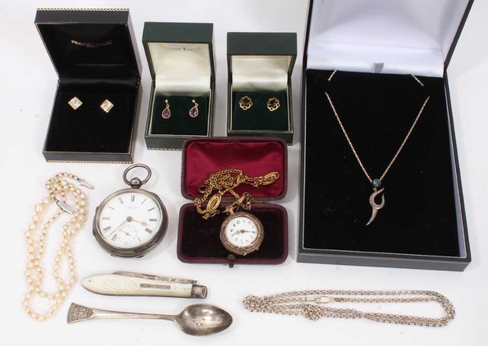 Lot 84 - Three pairs of gold earrings, silver necklaces, cultured pearl necklace and other jewellery