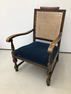 Lot 26 - Lalh back kitchen elbow chair and one other elbow chair with cane back and blue upholstered seat (2)