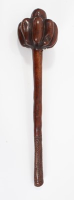 Lot 848 - 19th century Fijian Ula throwing club with bulbous ribbed head, and carved zig zag decoration to end of handle, 42cm in length