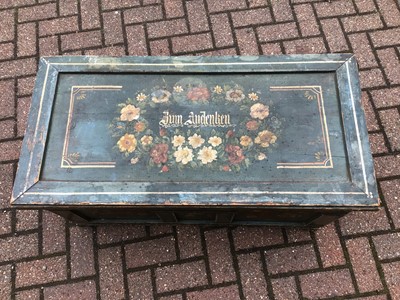 Lot 70 - Old green painted pine blanket box with floral decoration 100cm wide x 48.5cm deep 43cm high