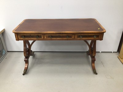 Lot 72 - Good quality Redman and Hales Georgian style mahogany writing table with cross banded decoration and three draws on lyre end standards 122cm wide x 61cm deep x 74.5cm high