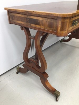 Lot 72 - Good quality Redman and Hales Georgian style mahogany writing table with cross banded decoration and three draws on lyre end standards 122cm wide x 61cm deep x 74.5cm high