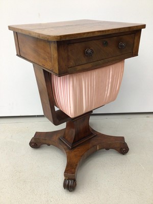 Lot 36 - 19th century mahogany sewing table with single drawer and sliding needlework well below on quatrefoil base with scroll feet, 45cm wide x 39cm deep x 69cm high