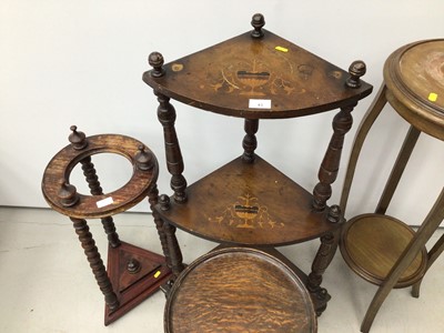 Lot 43 - Edwardian inlaid corner whatnot, mahogany torchere, stick stand and another torchere (4)