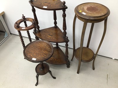 Lot 43 - Edwardian inlaid corner whatnot, mahogany torchere, stick stand and another torchere (4)
