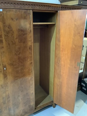 Lot 83 - Good quality yew wood veneered wardrobe with fitted interior on bracket feet 231cm wide x 190cm high and matching headboard 158.5cm wide