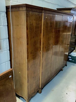 Lot 83 - Good quality yew wood veneered wardrobe with fitted interior on bracket feet 231cm wide x 190cm high and matching headboard 158.5cm wide