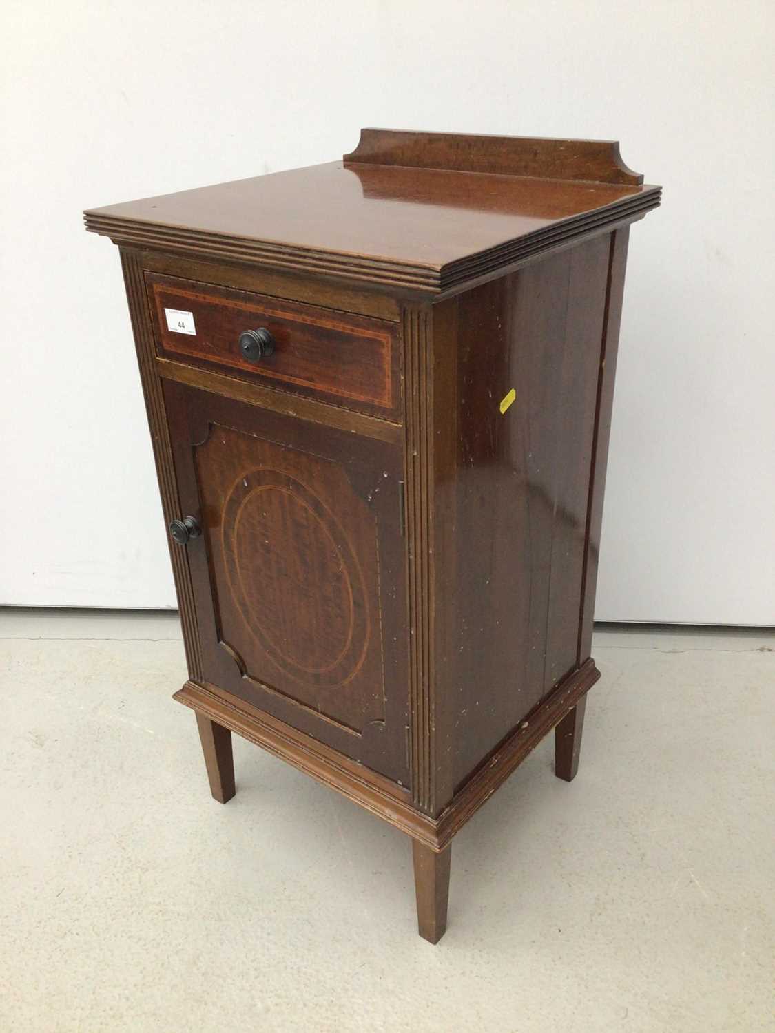 Lot 44 - Ewardian inlaid mahogany bedside cupboard with single drawer and panelled door below, 40cm wide x 78cm high
