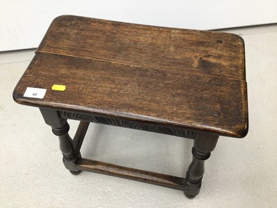 Lot 48 - Carved oak joint stool on turned and block legs joined by stretchers, 44cm wide x 25cm deep x 45.5cm high