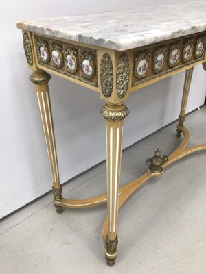 Lot 87 - Antique style hall table with marble top, frieze inset with porcelain plaques on fluted turned legs joined by stretchers 107cm wide x 43cm deep x 83cm high